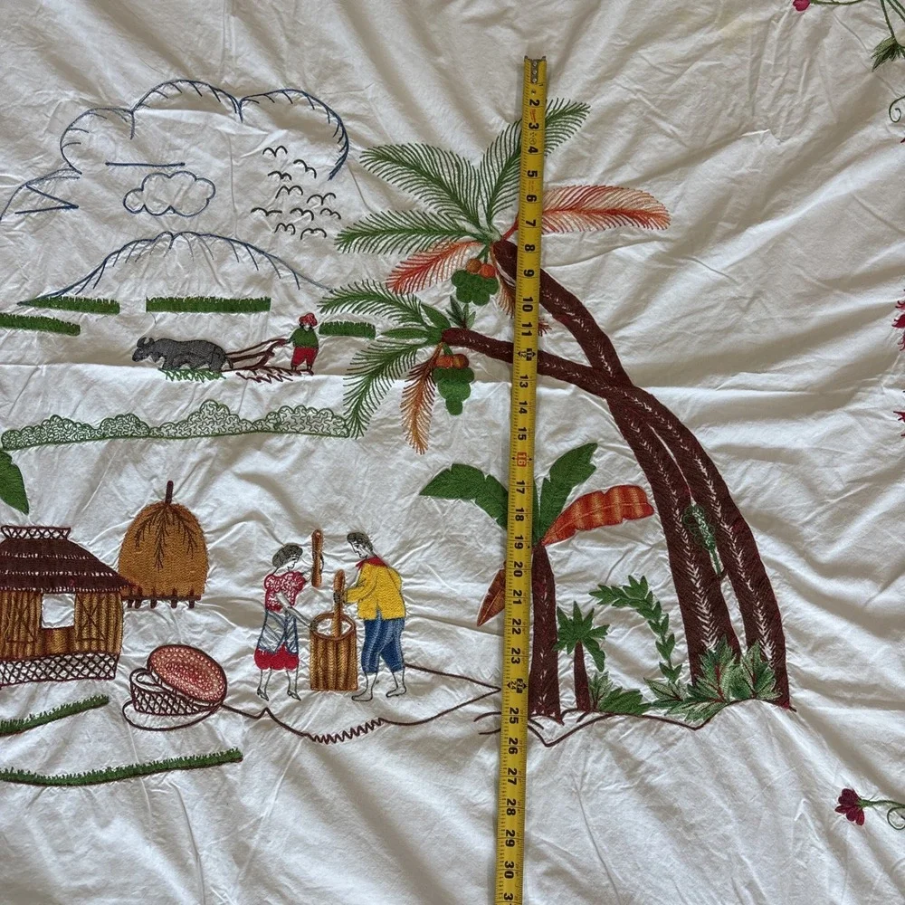 Rare Vintage Embroidered Island Scene 81x76 Bedsheet ART Flowers‎ Palms Mountain